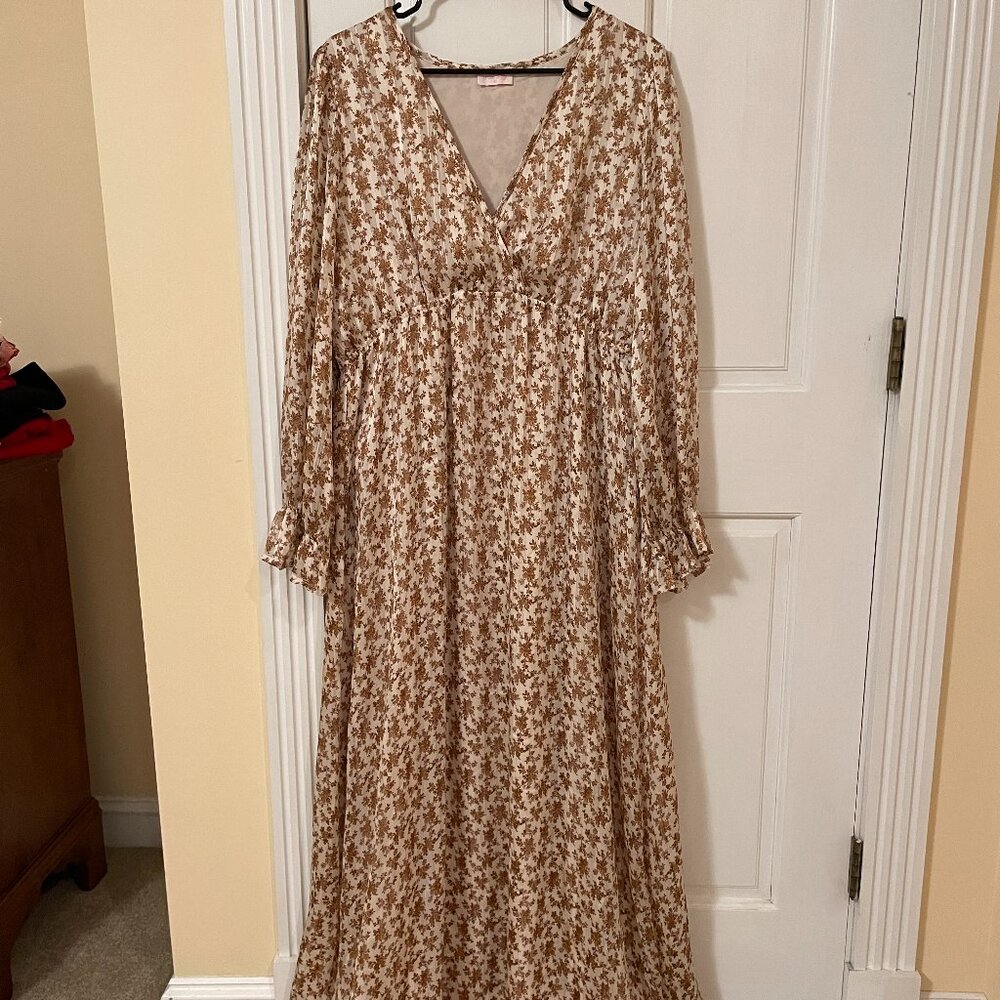 Pink Lily Maxi Dress with Gold Pattern; XL